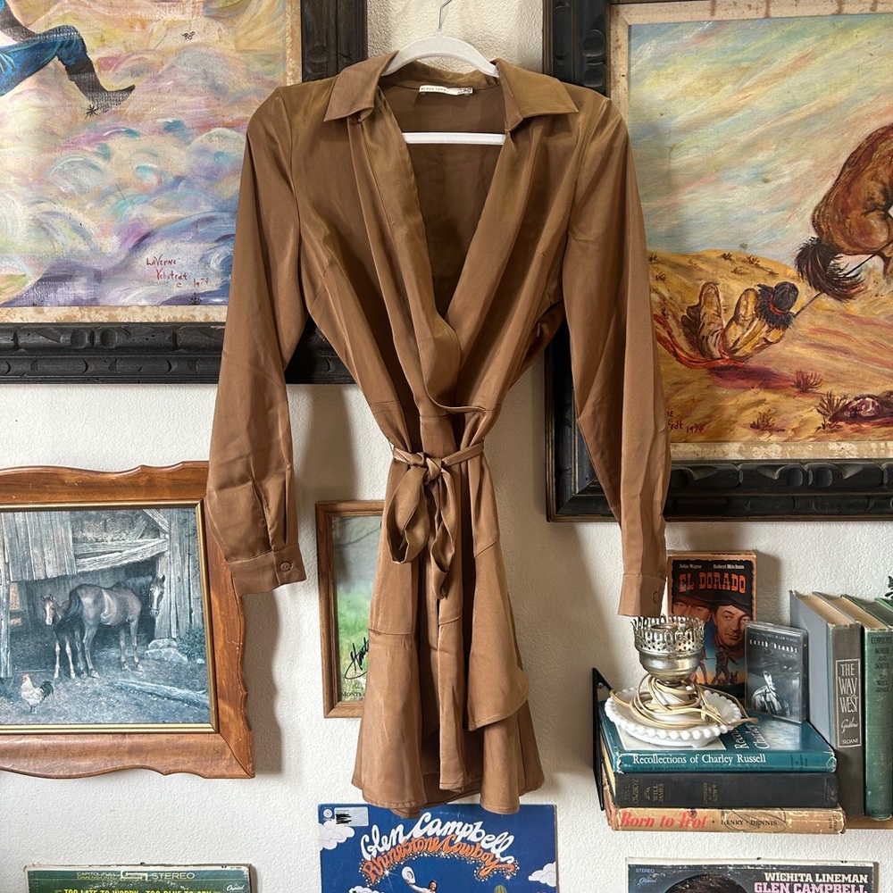 Western Chic Wrap Blouse Tie Waist Long Sleeve  Mini Teared Dress Size Small